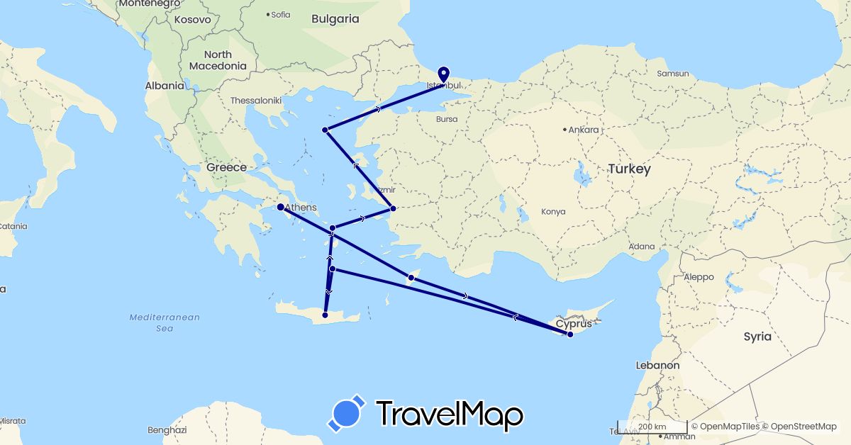 TravelMap itinerary: driving in Cyprus, Greece, Turkey (Asia, Europe)
